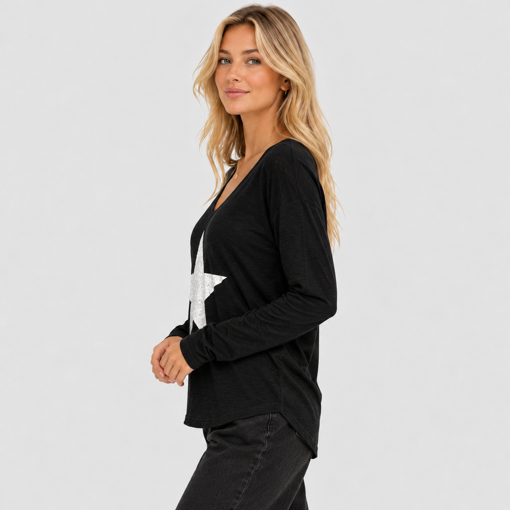 Stjerneprintet Sweater til Damer - V-Hals Strækstrik