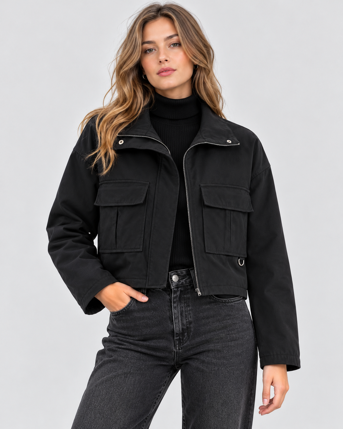Slouchy Cropped Jakke til Damer - Koksgrå Sort, Ståkrave, Brystlommer