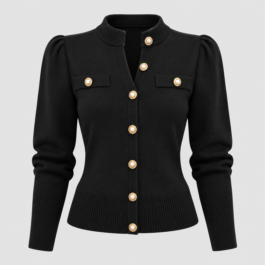 Cropped Strikket Cardigan til Damer - Guldknapper Foran, V-Hals