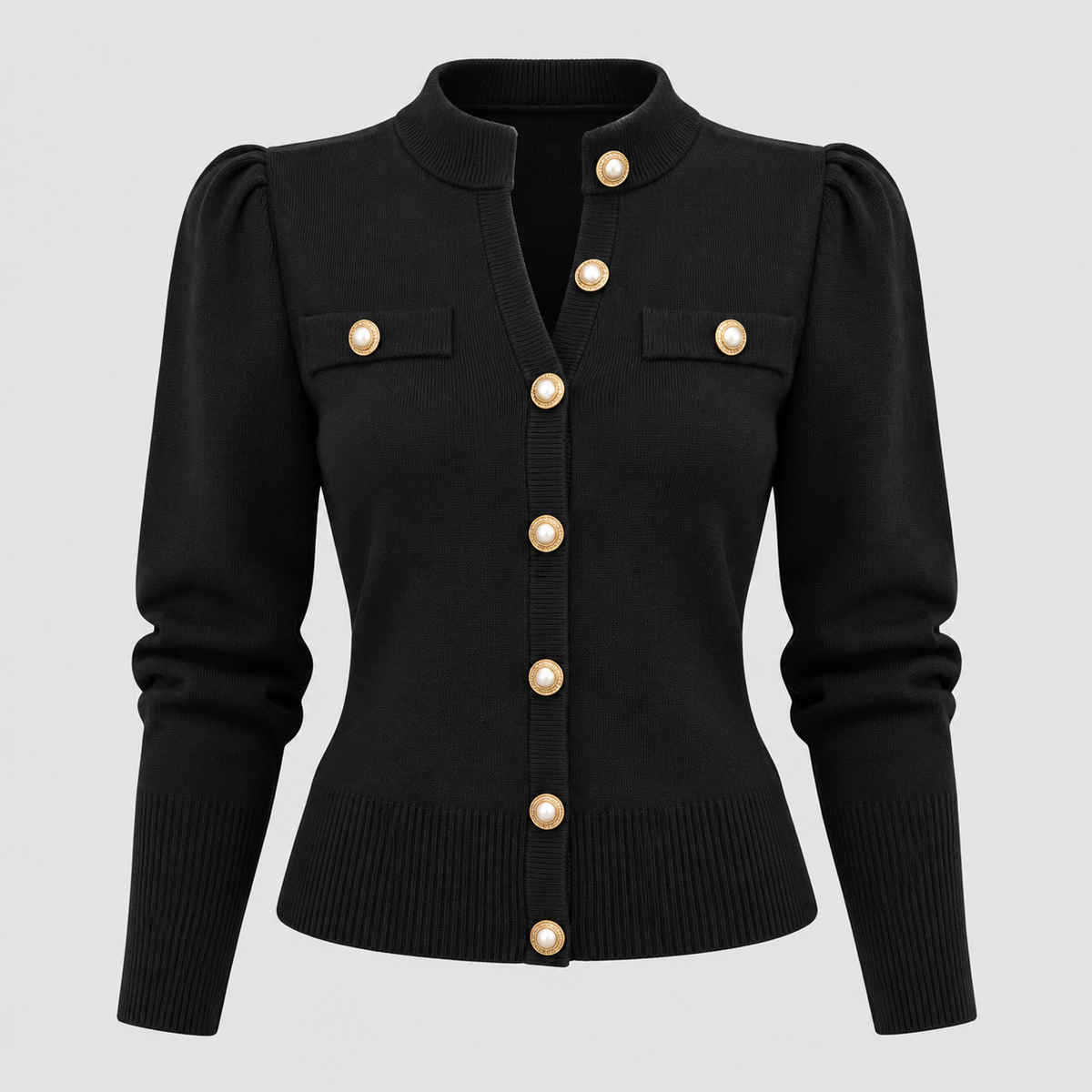 Cropped Strikket Cardigan til Damer - Guldknapper Foran, V-Hals