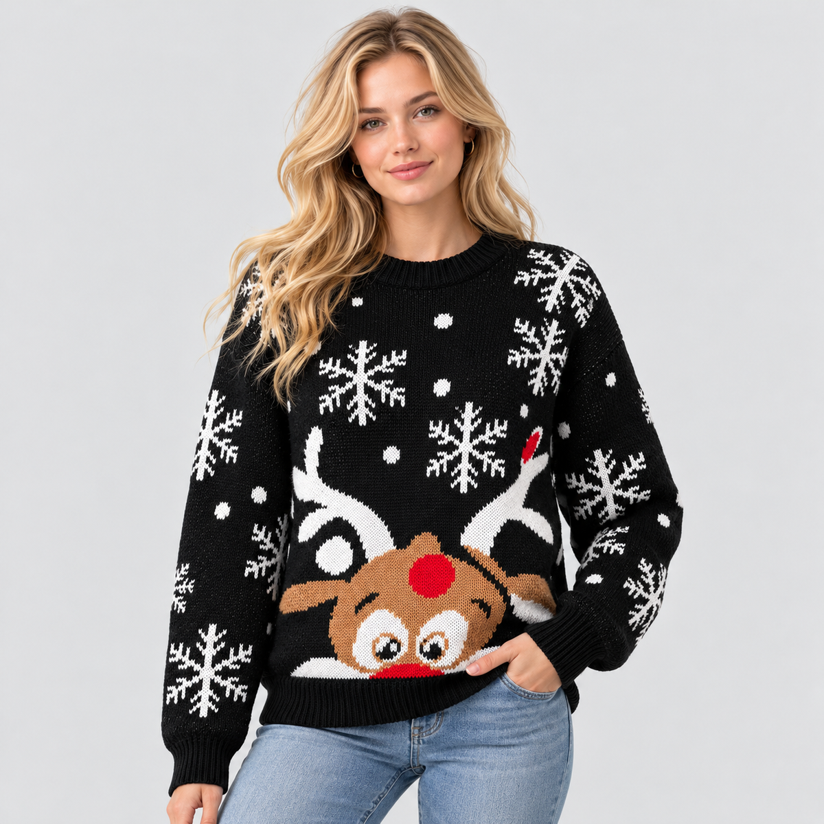 Julesweater med Rensdyr til Damer - Snefnugsprint, Sort Strik
