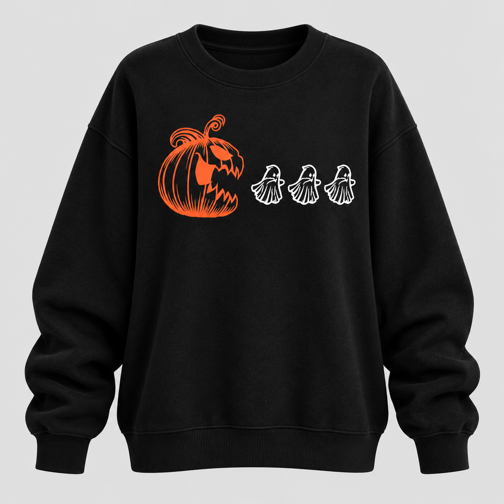 Halloween Sweatshirt med Rund Hals - Græskarprint på Brystet
