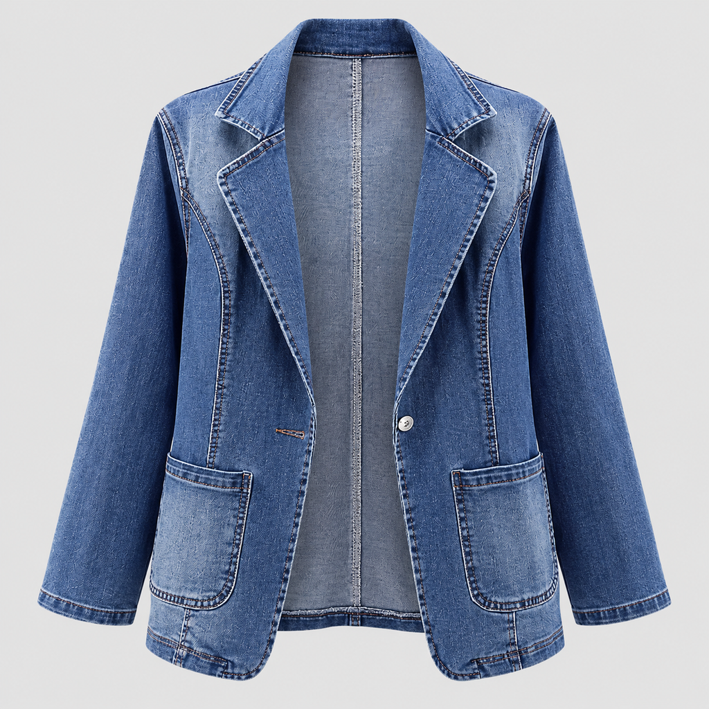 Denimjakke-Blazer til Damer - Reverskrave, Hoftelommer