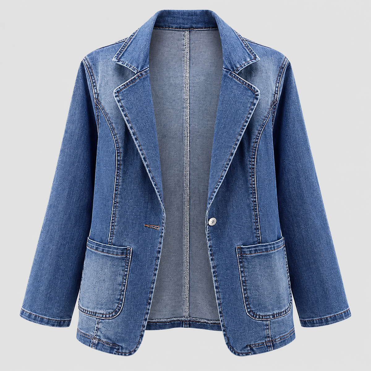 Denimjakke-Blazer til Damer - Reverskrave, Hoftelommer