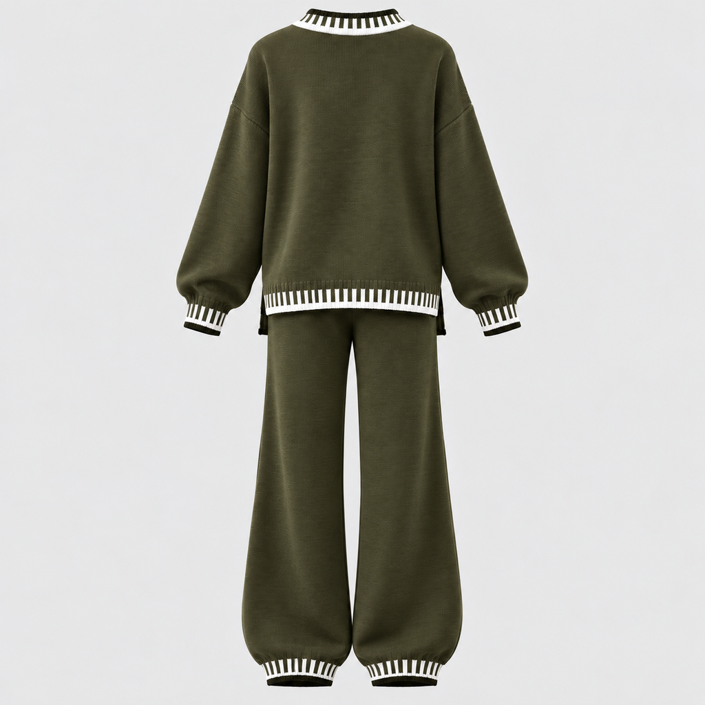 Matchende Strikket Sæt til Damer - Sweater med Rund Hals, Brede Bukser