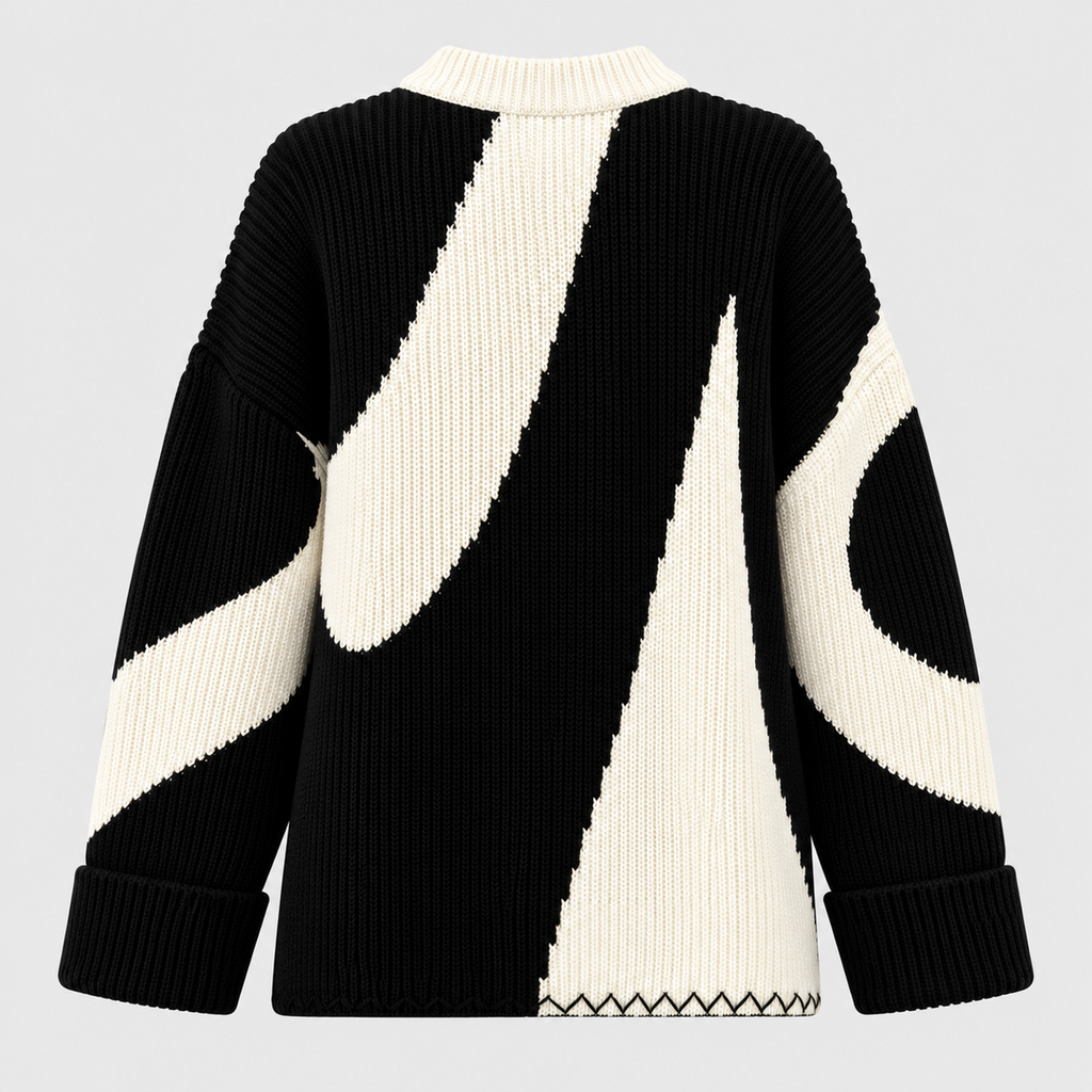 Oversized Colorblock Sweater til Damer - Abstrakt Mønster Strik