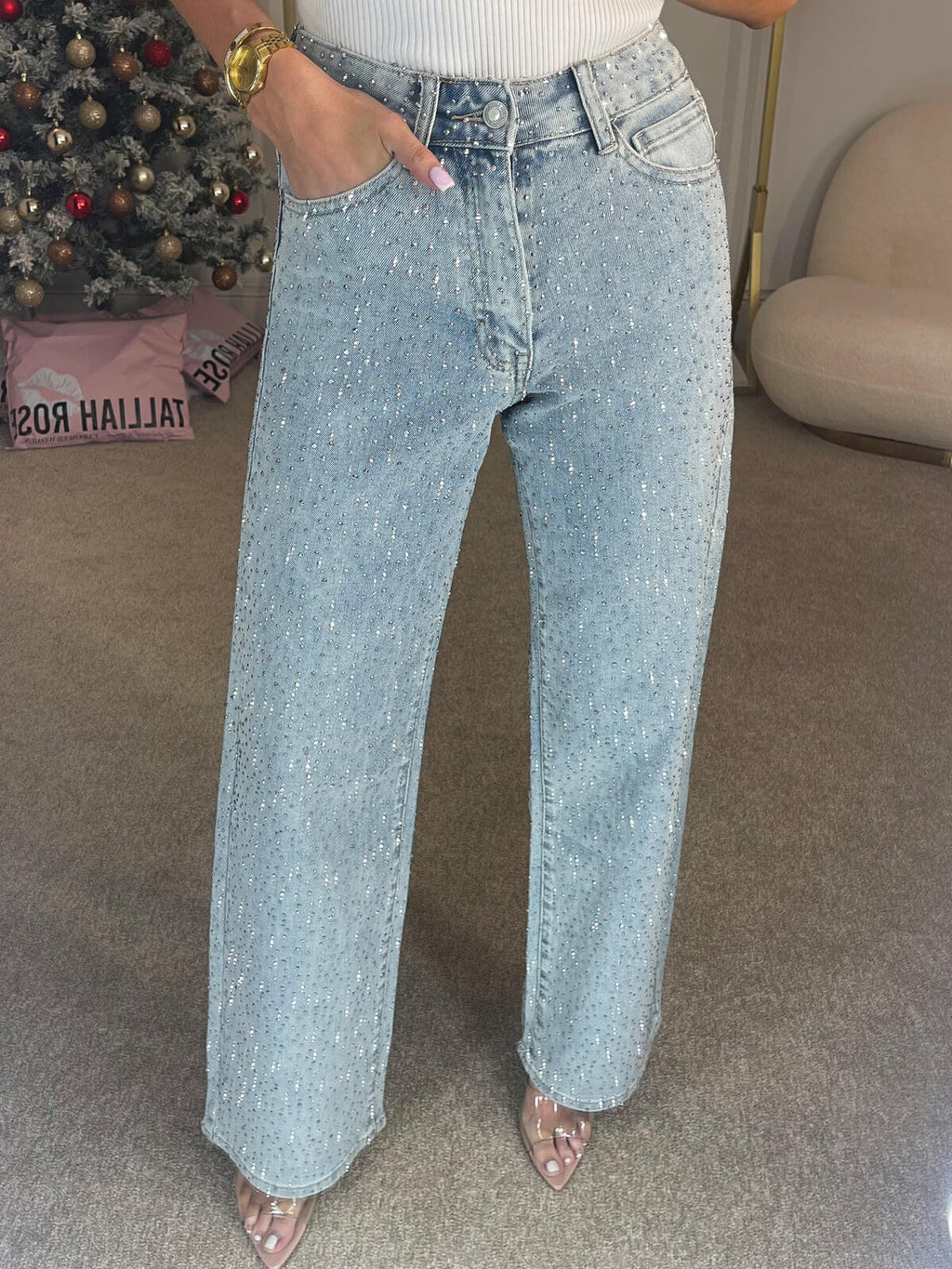 Vide Jeans med Høj Talje og Diskret Glitter